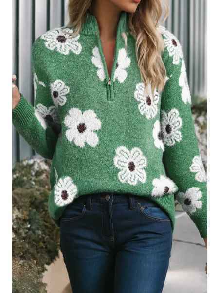Floral Mock Neck Half Zip Pullover in Oat Sage Multi